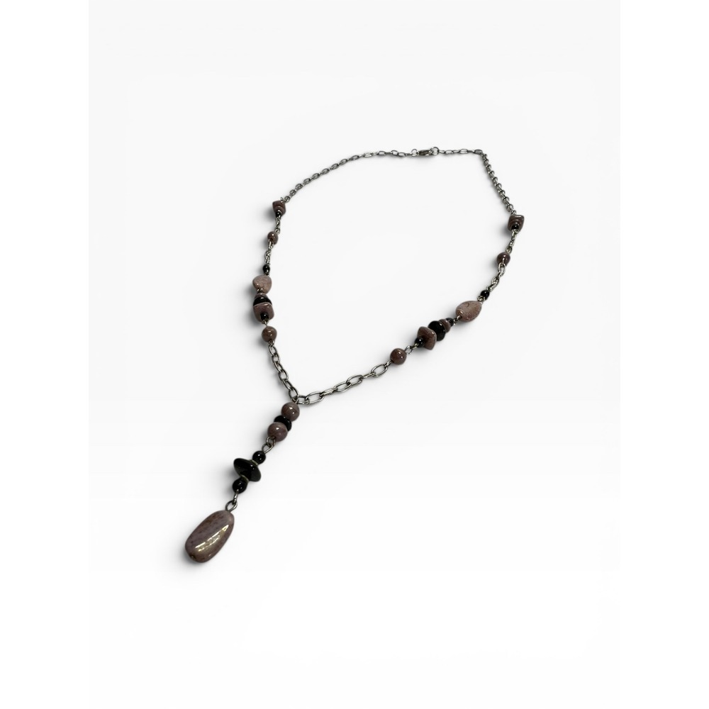 Y Drop Lariat Necklace Women 25in Mauve Black Stone Silver Tone Chain - Picture 3 of 7